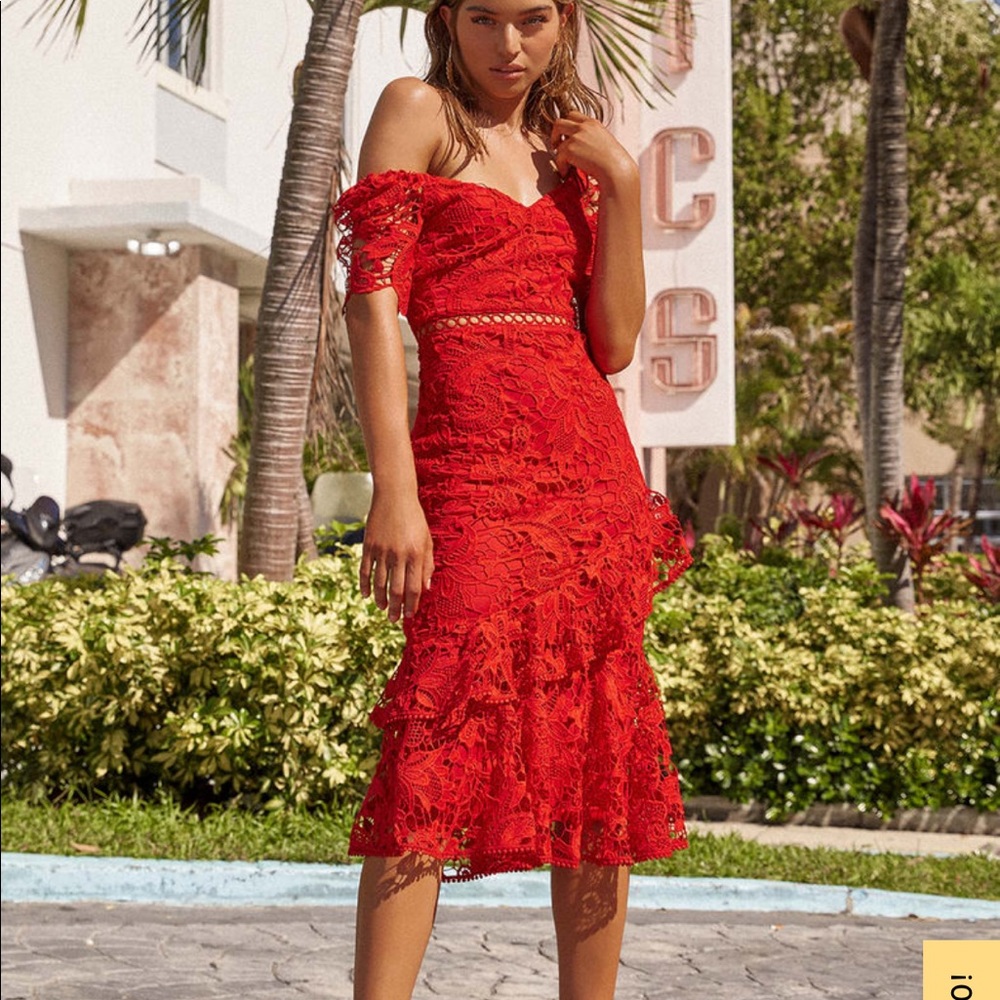 Lulus red ruffled midi dress